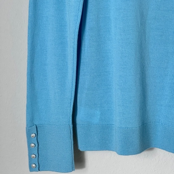 ✨SOLD✨ EUC Talbots Pure Merino Wool Blue Sweater Pleated Shoulder Pearl Cuffs - Picture 9 of 10